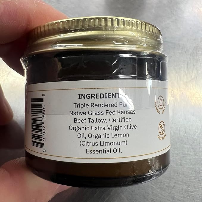 Grass Fed Beef Tallow Balm - 2 oz - Grown and Made in USA - Organic Grass Fed and Finished Tallow - Moisturizing Skin Care Lemon