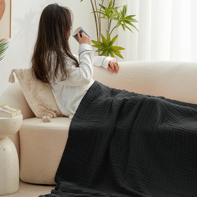 Love's cabin 100% Cotton Muslin Blanket, 6 Layer Lightweight Breathable Gauze Twin Size Blanket 60 x 80 Inches, Soft Summer Blanket for Bed or Couch, Black