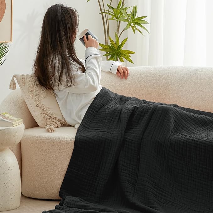 Love's cabin 100% Cotton Muslin Blanket, 6 Layer Lightweight Breathable Gauze Queen Size Blanket 90 x 90 Inches, Soft All Season Blanket for Bed, Black