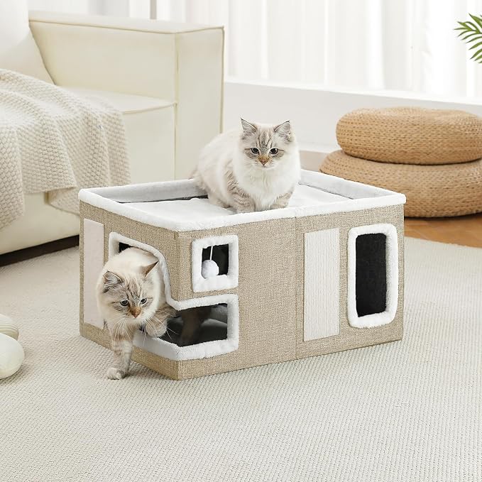 Large Cat Houses for Indoor Cats, Extra Wide Covered Cat Cave Bed with Scratch Pad and Fluffy Ball, Foldable Cat Hideaway Condo for Large Cats, Modern Kitten Bed,23x16x13 inches (Khaki‌, XL)