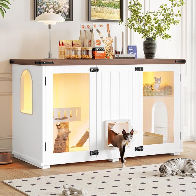 47.25 Inch Multi-Functional Hidden Cat Litter Box Enclosure with Smart Door & LED Light, Modern Cat House with Scratching Post & Stairs, Can be Used as Side Table/TV Stand - White
