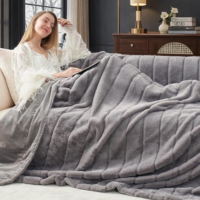 Cozy Bliss Deluxe Sheared Rabbit Faux Fur Throw Blanket, Grey 60"x80" | High-Low Sculpted, Soft Fuzzy, Plush Blanket for Couch, Cozy Home Accent, All Season Use