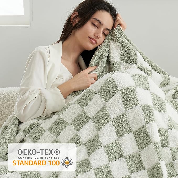 Snuggle Sac Checkered Throw Blanket for Couch, Super Soft, Cozy Warm Knit Blankets, Reversible Plaid Fluffy Throws for Sofa, Bed, Checkered Sage Green, 50x60 Inches