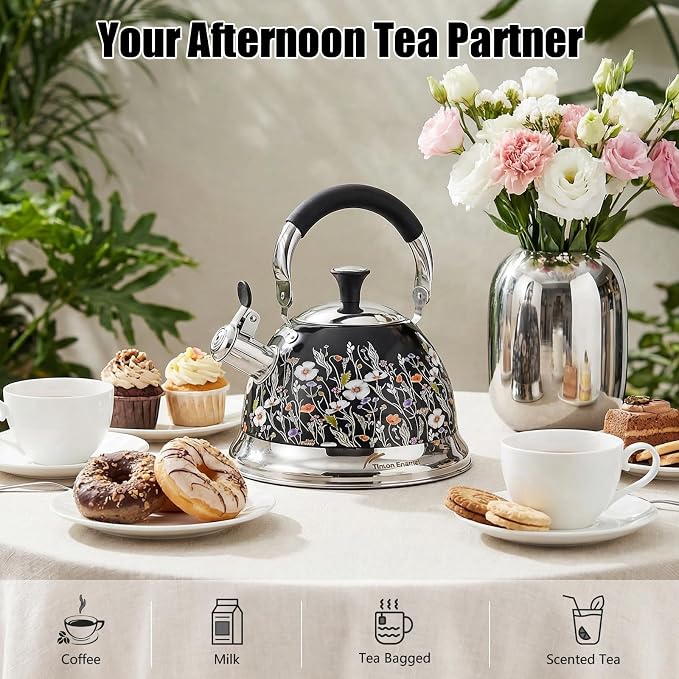 Stainless Steel Whistling Tea Kettle Stovetop - 3.1QT Tea Pot for Stove Top, Vintage Floral Print, Foldable Handle, 304 Stainless Steel Interior Teatop for Tea, Coffee, Party & Gift