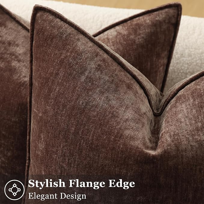 decorUhome Chenille Dark Brown Velvet Throw Pillow Covers 22x22 Set of 2 | Fall Soft Euro Sham Couch Decorative Modern Farmhouse Pillow Cases with Elegant Design for Sofa Bed Living Room Home Decor