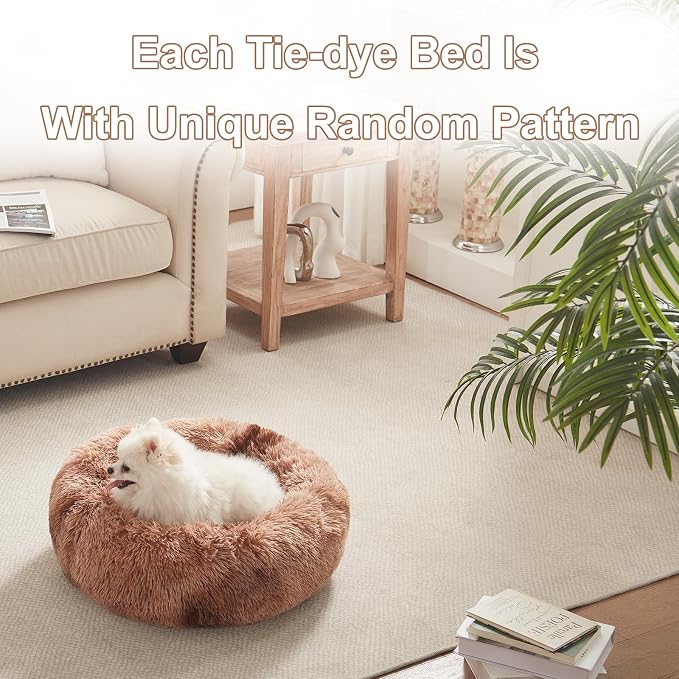 23 in Faux Fur Fluffy Donut Dog Bed for Small Dogs,Tie-dye Brown | Calming Plush Round Puppy Pet Bed with Removable & Washable Cover,Fits up to 25 lbs Pets