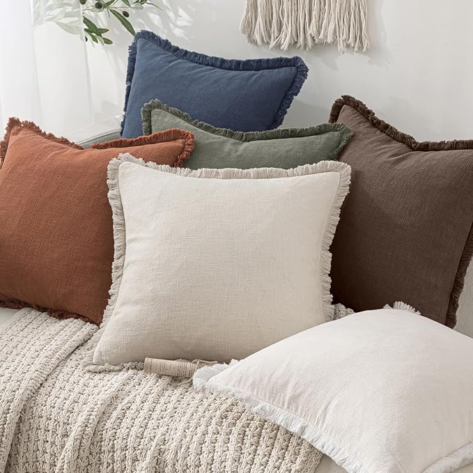 MIULEE Boho Linen Fringe Decorative Fall Pillow Covers Reddish Brown 12x20 | Set of 2, Cottagecore Decor, Boho Farmhouse Neutral Pillow Covers, Rustic Fall Couch Cushion Cases for Sofa Bed Living Room