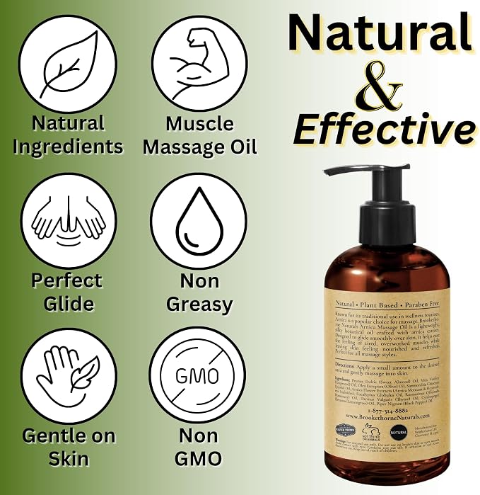 Brookethorne Naturals Arnica Massage Oil for Massage Therapy — Ideal for Athletic & Post Workout | Arnica Montana, Sweet Almond, Jojoba & Essential Oils | Botanical Formula for Active Lifestyles — 8oz