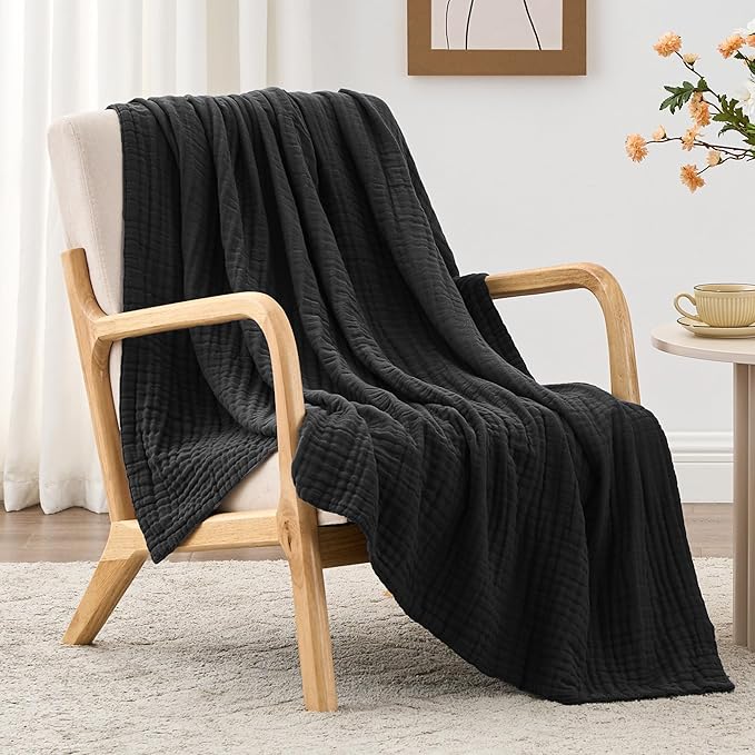 Love's cabin 100% Cotton Muslin Blanket, 6 Layer Lightweight Breathable Gauze Twin Size Blanket 60 x 80 Inches, Soft Summer Blanket for Bed or Couch, Black