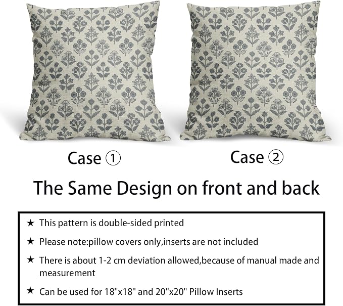 Dusty Blue Floral Pillow Covers 20x20 Inch Set of 2, Vintage Flower Block Print Pattern Decorative Throw Pillowcases Outdoor Farmhouse Cushion Covers Spring Summer Rustic Sofa Couch Bed Decor