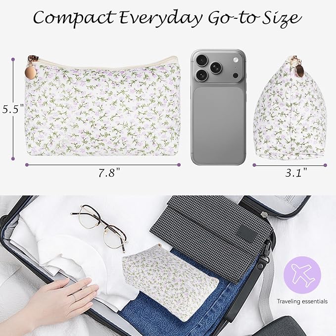 Quilted Cotton Makeup Bag, Coquette Quilted Toiletry Bag for Women and Girls, Floral Coquette Pouch, Cute Kawaii Travel Cosmetic Bags (Purple Floral)