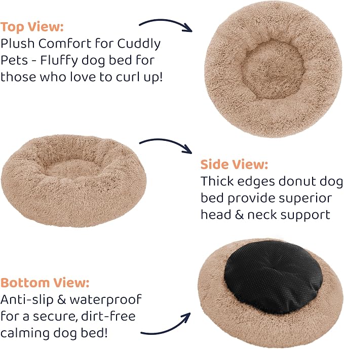 Donut Dog Bed - Premium Comfort for Anxiety Relief - Fluffy & Calming Design with Ultra-Plush Support | Cozy Round Dog Bed with Super Soft Circle Style (Camel, Large)