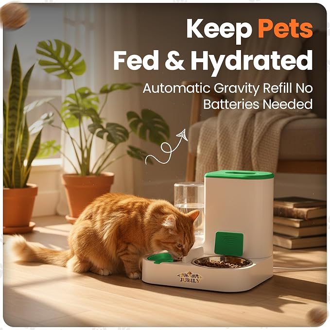 Automatic Cat Feeder & Water Dispenser – Gravity Cat Feeding Station with Stainless Steel Bowl, 2.2L Food & 1L Water Capacity, Automatic Pet Feeder for Cats & Small Dogs (Green)