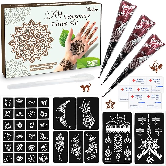 Brown Temporary Tattoo Kit,Temporary Tattoos Stencils Kit (3pcs Brown tattoo cones 4 Reusable Templates 1Pcs Tattoo Outline Pen)， Waterproof,DIY Body Art for Women Men