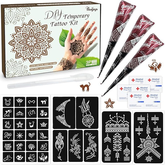 Brown Temporary Tattoo Kit,Temporary Tattoos Stencils Kit (3pcs Brown tattoo cones 4 Reusable Templates 1Pcs Tattoo Outline Pen)， Waterproof,DIY Body Art for Women Men