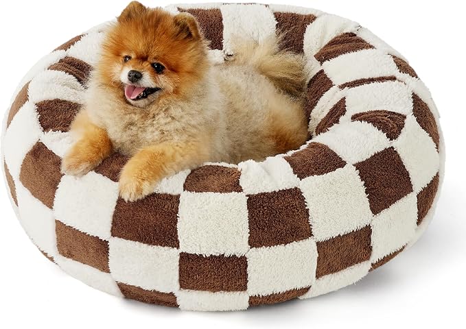 LE SURE Shown on TV Jacquard Donut Cute Small Dog Beds，Brown 23x23x7in | Orthopedic Calming Cat Sofa Indoor,Original Design Pattern,Washable Cover,Home Decor as Gift for Pet ,Anti Slip Bottom