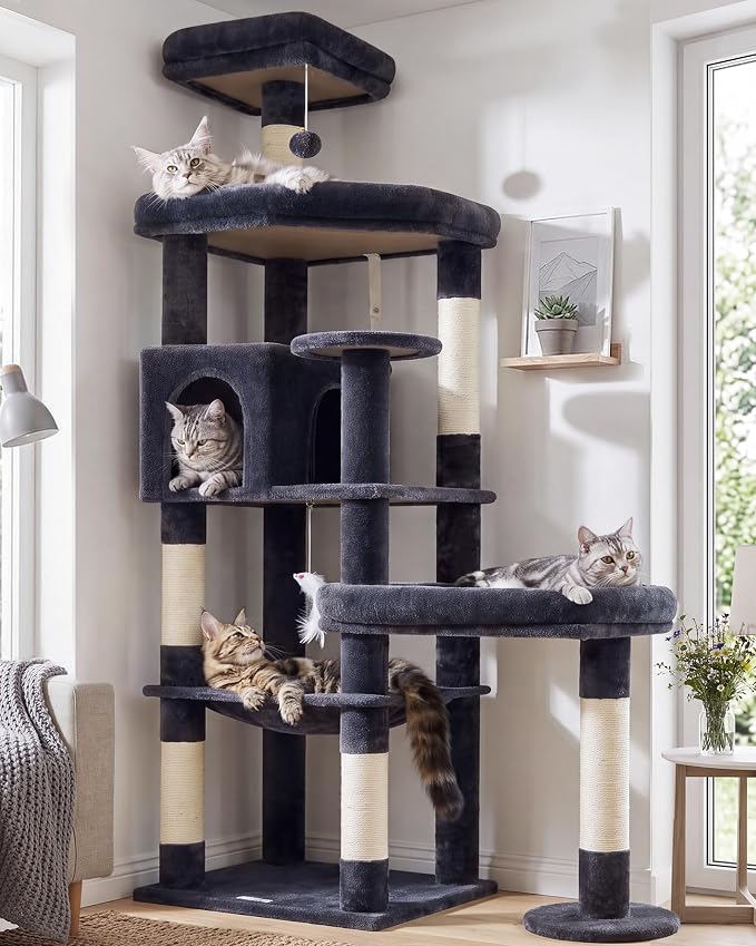 Globlazer Extra Large Platform Cat Tree, 65in Sturdy Cat Scratching Tree for Indoor Cats Large Adult, Big Cat Perch Tower with 3 Padded Perches, 6 Scratching Posts, Cat Condo, Hammock, S65, Dark Grey