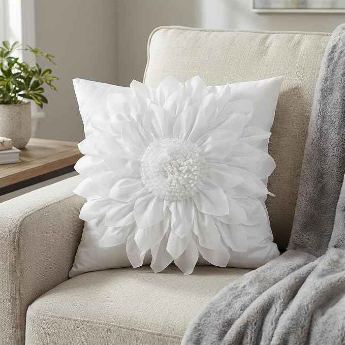 Bella's Giftshop 3D Sunflower Decorative Throw Pillow Covers for Bed Sofa Couch Car, Accent Floral Cushion Cover, Handmade Pillow Cases Living Room Decor, 17x17 Inch-Cream/White | Bella's Giftshop Handmade Sunflower Taffeta Pillow Cases Living Room Bed...