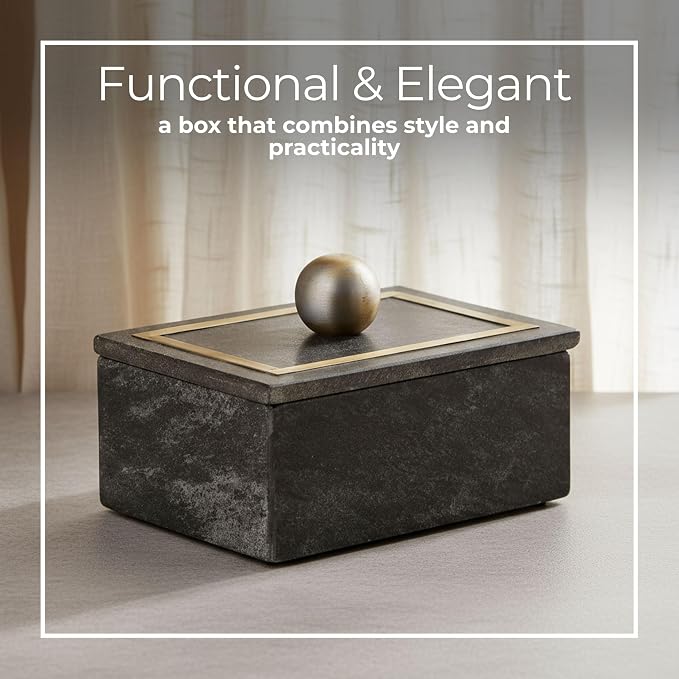 Decorative Rectangular Box with Knob – Marble & Metal Modern Decorative Box for Home Decor – Jewelry, Keepsakes, Accent Table Storage for Living Room, Bedroom, Office – 5", Black