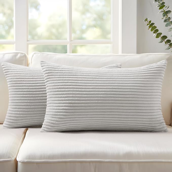 Mecatny Corduroy Decorative Throw Pillow Covers 12x20 Set of 2 Grey | Soft Striped Texture, Hidden Zipper Design, Neutral Boho Lumbar Pillow Cases for Sofa Couch Living Room Bedroom, Home Décor