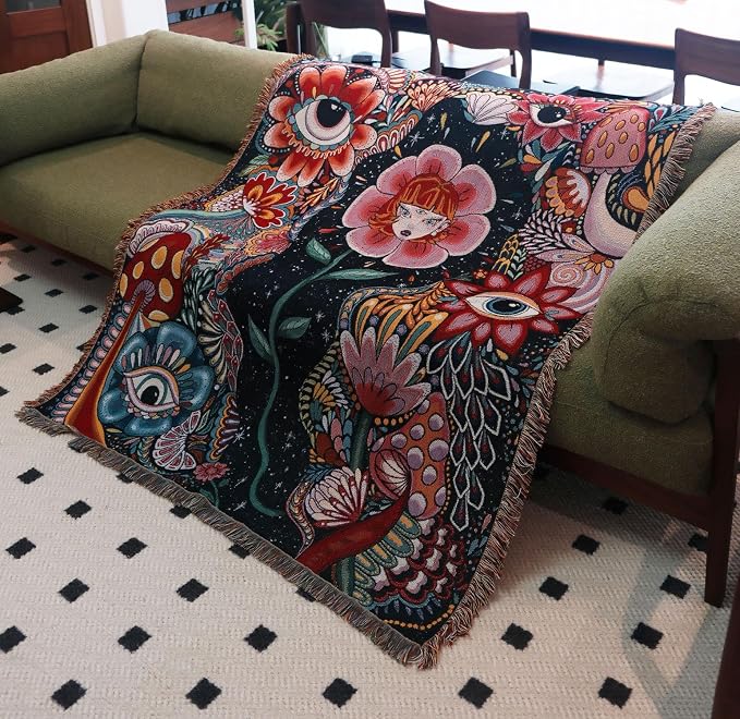 Hippie Flower Cotton Woven Boho Throw Blanket for Couch Bed Chair Lounge Hippie Room Decor Reversible Whimsical Throw Blanket Witchy Room Decor Throws Bed Spread Outdoor Camping Blankets 51x59 Inches