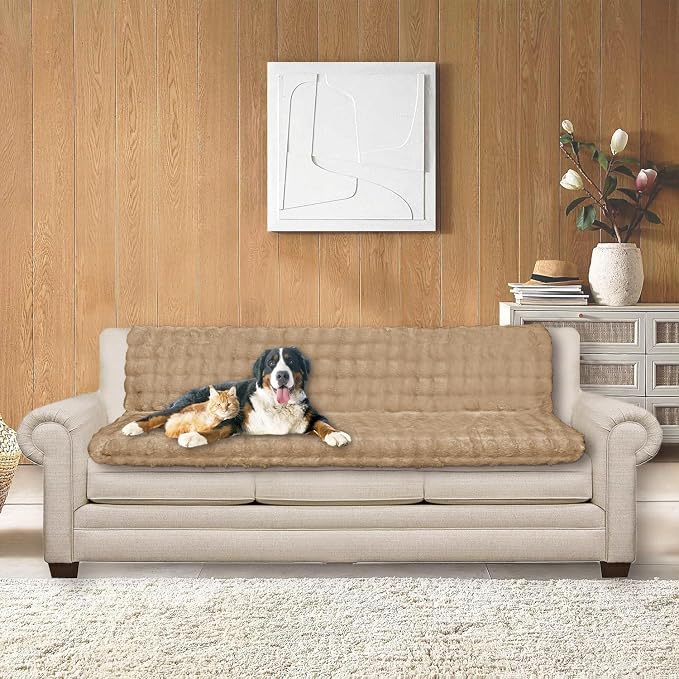 Waterproof Dog Bed Cover, Dog Pad Soft Plush Pet Blanket with Anti-Slip Back for Bed Couch Sofa, Furniture Protector for Small, Medium and Large Dogs and Cats (Light Brown-Bubble, 82"x102")