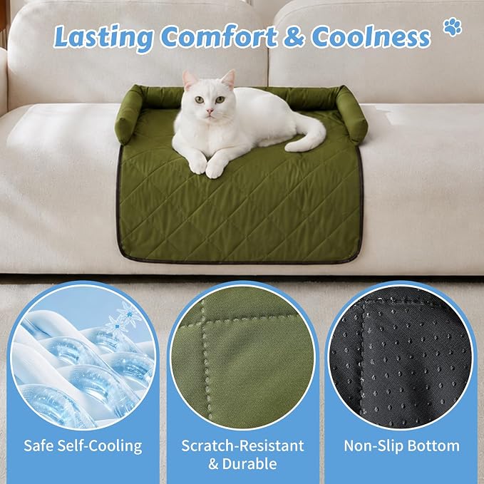 Cooling Dog Bed Mats with Neck & Head Support, 31.5 x 23.62 inch Army Green | for Small and Medium Dogs & Cats, Non-Slip, Machine Washable, Protects Sofa from Fur & Scratches