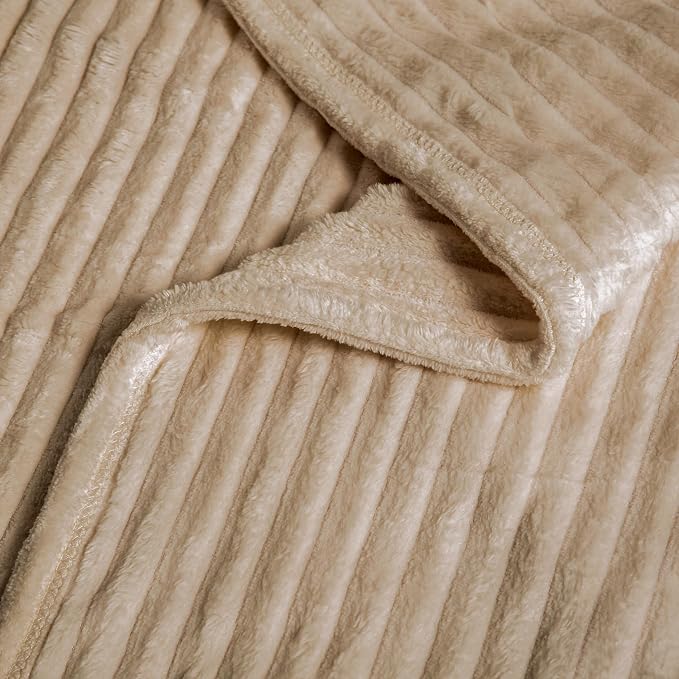 Vessia Flannel Fleece Throw Blanket for Couch,Sofa,Bed, 300GSM Striped Camel Blanket Throw for Adults and Kids, Super Soft Warm Cozy Lightweight Ribbed Light Brown Blanket for All-Season