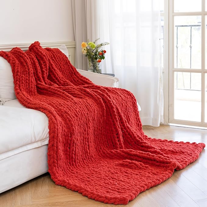 Chunky Knit Blanket - Luxury Soft Cozy 50 * 60 Throw Blanket,100% Woven Blanket Rope Knot Throw Blanket for Couch, Sofa, Home Decor, Gift - Machine Washable (Wine red, 50 * 60)