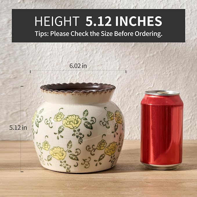 SIDUCAL Ceramic Yellow Rose Floral Vase with Wide Mouth Lace, 4.84 Inch Cracked Chinoiserie Rustic Farmhouse Vases, Pastoral Retro Vase for Home Decor, Table, Living Room, Bathroom, Shelf, Wedding