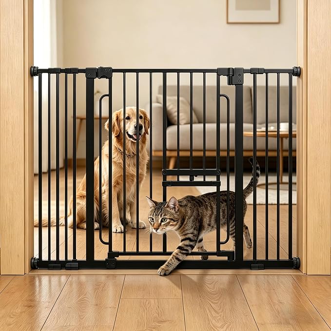 Adjustable Pet Gate 29.5-43“ with Cat Door, Black | U-Shaped Iron Gate, Two Installation Methods, Suitable for Stairs and Doorways