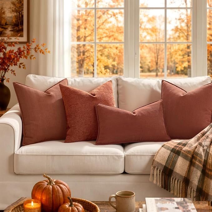 MIULEE Pack of 2 Fall Rust Decorative Chenille Pillow Covers 18x18 Inch | Soft Couch Throw Pillows,Farmhouse Cushion Covers with Elegant Design for Sofa,Bedroom,Living Room,Spring Home Decor