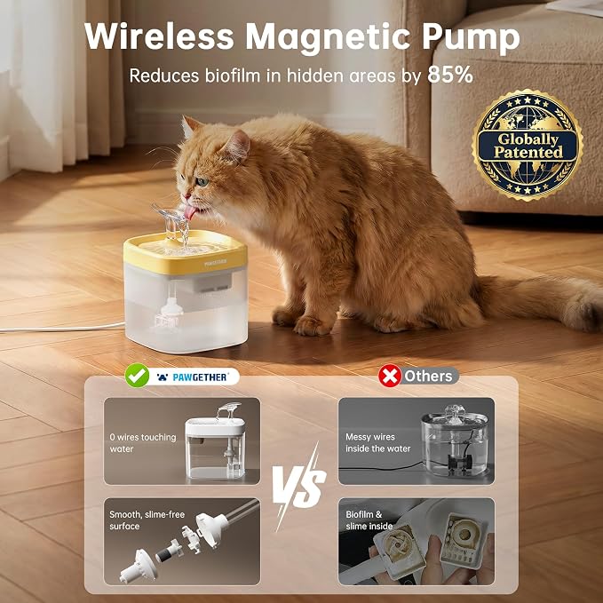 PAWGETHER® Cat Water Fountain with Wireless Pump 51oz/1.5L Dog Water Fountain, Ultra Quiet Automatic Pet Water Fountain Portable Indoor Ourdoor Travel Small Dog Water Dispenser with Adapter Yellow