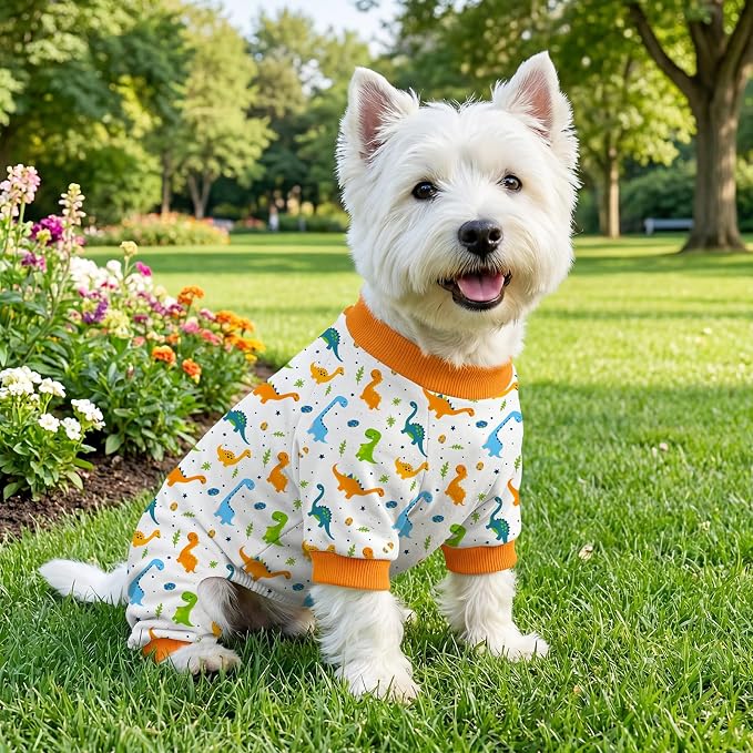 Dog Pajamas for Small Medium Dogs Pjs Orange Dinosaurs Dog Onesie Breathable Puppy Pj Pet Stretchy Soft Sleepwear for Spring Summer Costume-XL
