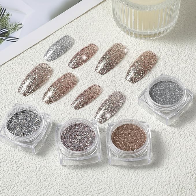 4PCS Diamond Dust Glitter, Sparkling Nail Powder for Crafts, 4 Colors Korean Gel Nail Polish, Holographic & Translucent Setting Powder Kit for Nails Art Supplies Party Wedding