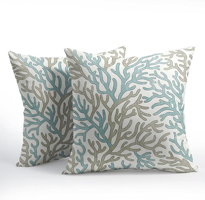 Nautical Coastal Coral Teal Tan White Pillow Covers 22x22 Inch Set of 2 Brown Summer Ocean Themed Beach Pillow Cases Outdoor Linen Square Cushion Cover Farmhouse Decor for Bedroom Home Sofa Couch Bed
