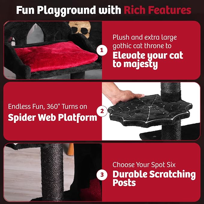 Gothic Cat Tree - 40" Goth Cat Bed, Spacious Condo, Spooky Hanging Bat, Durable Sisal Scratching Post - Elegant Black Cat Tree for Majestic Felines