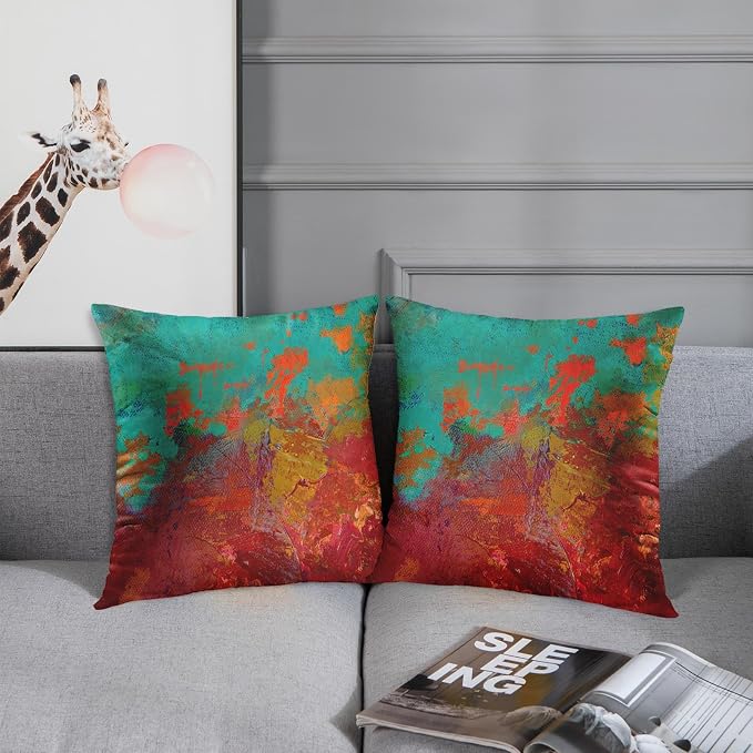 Throw Pillow Covers Set of 2, 16 x 16 Inch, Turquoise Burnt Orange | Abstract Modern Art Outdoor Decorative Square Pillow Cases Couch Cushion Case for Couch Bed Sofa Living Room Home Decor