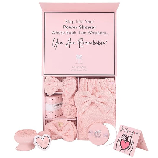 HAPPY LOLLI Power Shower Gift Set for Teen & College Girls, Birthday Gift, Self Care College Essentials Bath Accessories with Towels, Headband, Wristbands & Face Sponge (Fresh in Pink)