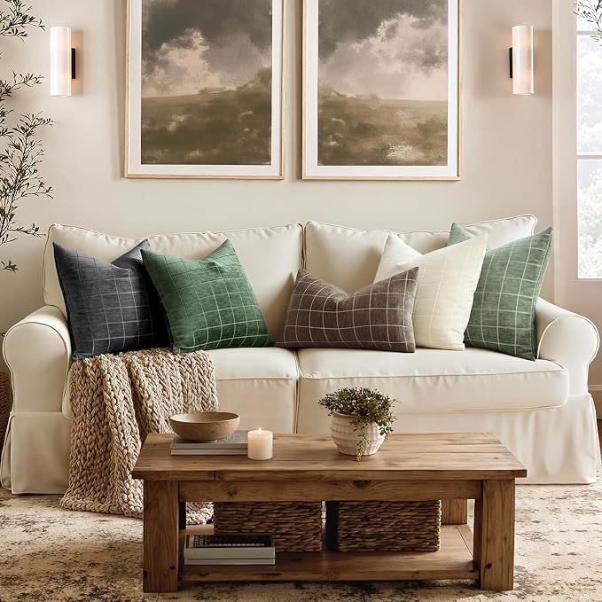 MIULEE Sage Plaid Decorative Throw Pillow Covers 20x20 Set of 2 | Vintage, Check Chenille Couch Pillows, Neutral Boho Farmhouse Cushion Covers, Modern Home Decor for Sofa Bed Living Room