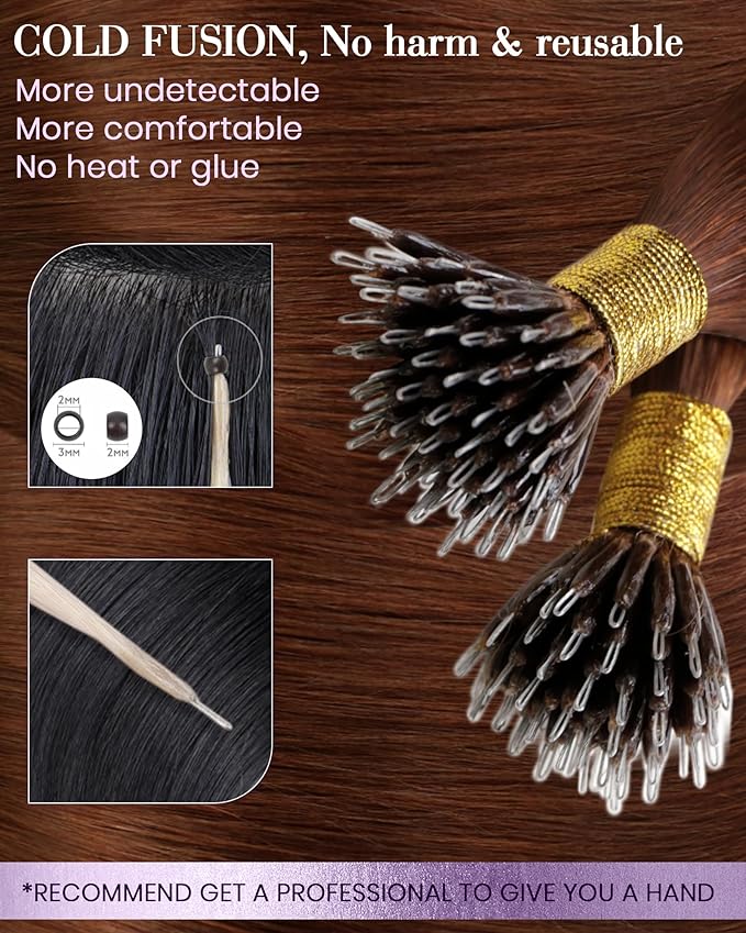 LaaVoo Nano Bead Hair Extensions Human Hair Auburn Nano Ring Extensions Auburn Nano Tip Hair Extension Real Human Hair 50strands 50gram 20inch