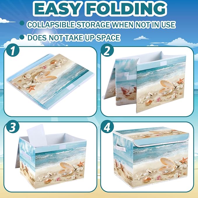 Briwooody Summer Beach Storage Bin with Lid and Carrying Handle Coastal Foldable Storage Box Large Ocean Seashell Decorative Collapsible Container Basket for Organizing Closet Home Bedroom Gift