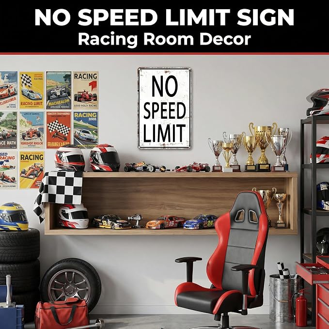 Crazysign Boys Gifts Retro Tin Sign No Speed Limit Sign for Boys Room Man Cave Garage Bedroom Vintage Style Wall Art Decor 8 x 12 Inch (3096)