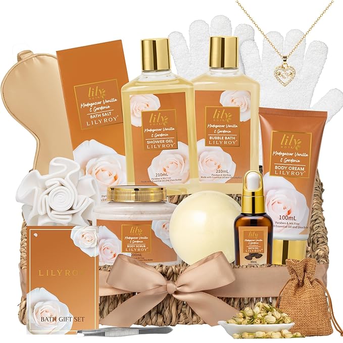 Mothers Day Gift Basket for Mom, Gifts for Women, Spa Gift Basket for Women - Vanilla Bath and Body Gift Basket Set, Spa Kit | Gifts for Christmas, Valentines Day, Birthday, Bath Spa Gift Sets for Her