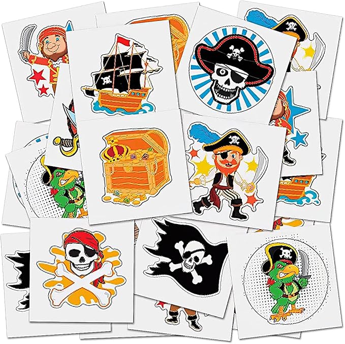 ArtCreativity Pirate Individual Temporary Tattoos for Kids - Pack of 144 Pre-Cut Pirate Tattoos in Assorted Designs, Non-Toxic 2 Inch - Pirates Birthday Party Favors and Goodie Bag Stuffers