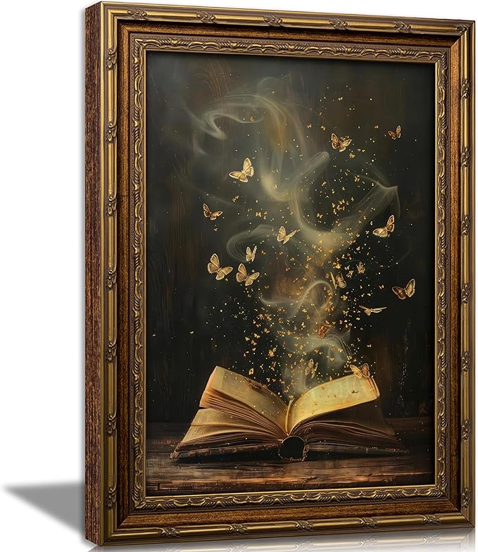 Vintage Gold Framed Victorian Bookish Wall Art Dark Academia Library Fantasy Mystical Canvas Print Reading Nook Butterfly Aesthetic Picture Wall Decor Gothic Bookclub Poster Artwork for Library