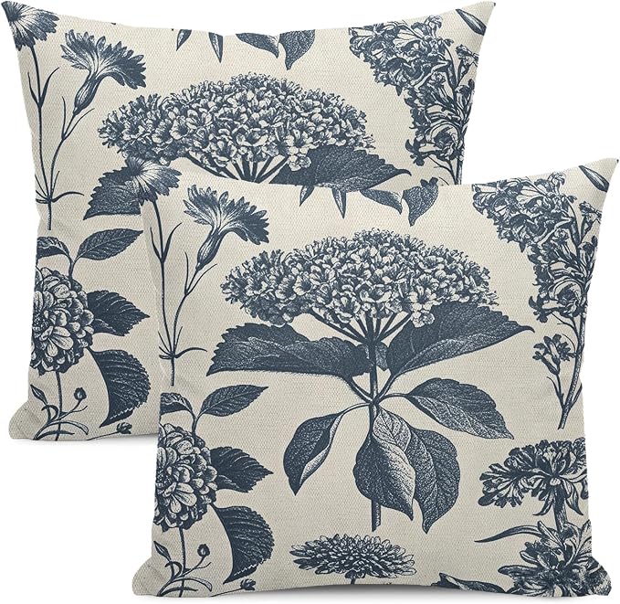 Floral Pillow Covers 20x20 Set of 2 Vintage Blue Hydrangea Herbs Botanical Throw Pillow Cover Outdoor Decoration Boho Flower Pillowcase Farmhouse Decorative Linen Cushion Case for Home Couch