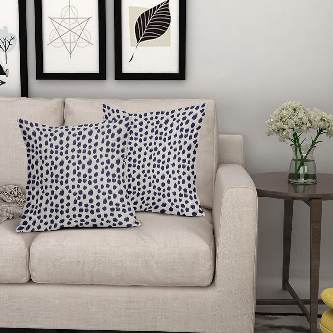 Navy Blue Cream Pillow Covers 18x18 Set of 2 Polka Dot Throw Pillows Outdoor Boho Design Brush Strokes Decorative Pillowcase Square Cushion Cover Linen Pillow Case for Home Sofa Couch Bed