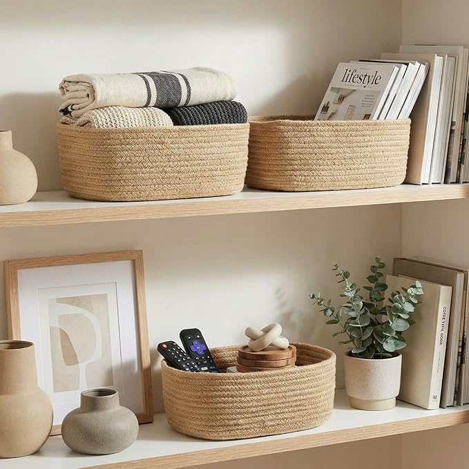 Beautiful Storage Basket Set of 3 - Sturdy Jute Rope Baskets for Shelves | Perfect for Organizing Your Home - Quality Storage Bins Easily Fit with Any Nursery or Bedroom Decor