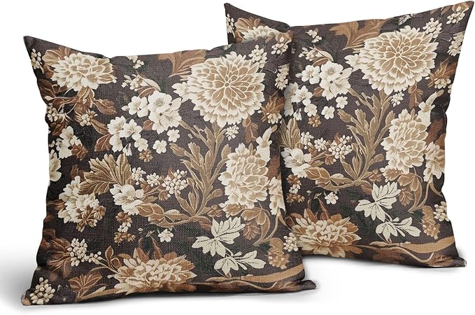 Vintage Floral Pillow Covers 24X24 Inch Set of 2 Boho White Flower Leaves Botanical Decorative Square Pillow Cases Brown Rustic Bohemian Cushion Case Farmhouse Home Decor for Sofa Couch